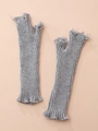 Gray knitted fingerless gloves with distressed ripped detail and ruffled cuffs - Gray