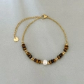 Bracciale di perline occhio di tigre con perla bianca e catena regolabile dorata - Perla Abaco Occhio di Tigre Giallo
