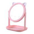 Pink cat-ear tabletop vanity mirror with rotating circular lens and storage tray base - Base Style / Cat Ear / Pink