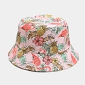 Close-up of pink bucket hat with tropical flamingo, pineapple and floral prints - Adjustable / Pink Flamingo Tropical Print (3# Color)