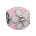 Pink enamel heart charm bead with white floral pattern for DIY jewelry bracelets - Pink Base White Flower Bead (021)