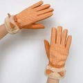 Winter orange houndstooth thermal gloves with faux fur trim and cute ear accents for women - One Size / Orange Houndstooth