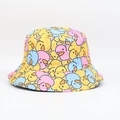 Detailed close-up showing vibrant yellow duck cartoon prints on a polyester sun bucket hat - One Size / Colorful Q-version Duck / Pink