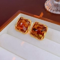 French retro geometric amber resin square stud earrings with golden braided metal trim - 925 Sterling Silver Earring Post - Coffee - Square