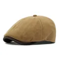 Camel retro baker boy cap for women and men featuring contrast dark brown brim detail - Adjustable / Khaki
