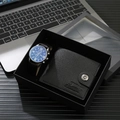 Business gift set featuring a blue dial watch with black leather strap and matching wallet - 3-Piece Black Set (Wallet + Watch + Gift Box)