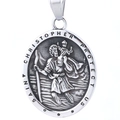 Colgante ovalado de acero plateado con grabado religioso del protector San Cristóbal - San Cristóbal de Plata (A0608) / Solo Colgante