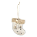 Wooden Christmas stocking hanging ornament with burlap cuff, reindeer, and bells for holiday decor. - Stocking Style