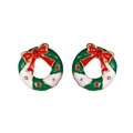 Christmas wreath stud earrings with red bow and rhinestone crystals in gold finish - A138-19 Wreath/Gift