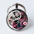 Yin Yang dragon glass gemstone keychain with pink cherry blossoms and metal alloy ring - Yin Yang Dragons/Cherry Blossom