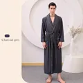 Men's charcoal grey waffle satin robe with white piping and belted waist design - XL / Male Style / Charcoal Grey