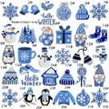 Detailed grid of 32 blue winter embroidery patches featuring snowmen and penguins - Blue Christmas Embroidery Patch Set (32 Pcs)