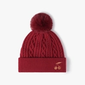 Winter wine red cable knit beanie featuring a cherry embroidery and a fluffy pompom detail - One Size / Burgundy