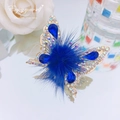 Exquisite gold butterfly hair clip with deep blue plush center and sparkling blue gems - Mink Fur Ball Butterfly / Blue