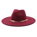 Classic burgundy fedora hat with wide brim and gold metal buckle belt decoration - M (56-58cm) / Burgundy