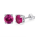 Classic S925 sterling silver stud earrings with four-prong set round pink gemstone - Silver Pink Stone Studs (SE84-M)