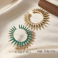 Detail view of gold sunburst hoop earrings with green rhinestones and size dimensions - Peacock Blue/KC Gold