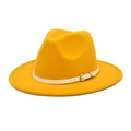 Detail of a bright yellow wool fedora hat featuring a beige leather belt with a gold buckle - M (56-58cm) / Yellow