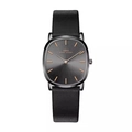 Ultrathin men's watch featuring black leather strap and dark grey oval sunburst dial - Black Case Black Dial Black Leather