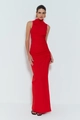 Elegante abito lungo rosso a collo alto, senza maniche con dettagli arricciati - XS / Rosso