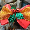 Christmas bow with red ribbon, golden trim, green holly leaves and tiny red bells - Style 25-Red Gold Ribbon Green Leaf Red Bell