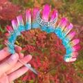Macro detail of handmade Wicca crystal crown with colorful gradient stones and moon charm - Aqua Yellow Rose Red + White K Moon