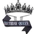 Birthday Queen set with retro black crystal tiara and holographic glitter sash - Black Theme Set (Queen)(2)