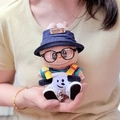 Plush doll in blue denim bucket hat, glasses, and white smiley face overalls variant - Striped Dog Suit With Glasses No Shoes / First And Second Generation Keychains Are Compatible With La Cloth Dolls. Dolls Not Included.