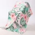 Pink hibiscus and palm leaf microfiber beach towel with reinforced edge stitching - F-Tropical Pink Hibiscus and Palm Leaf