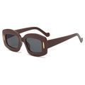 Retro thick-frame square sunglasses in dark brown with gold oval hardware accents - Red Frame Grey Lens