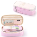 Pink and beige telescopic canvas pencil case with dual zippers and multi-layer storage - 890 Pink/Beige