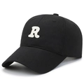 Casquette de baseball en coton noir avec broderie R blanche en relief, style 6 pans - Réglable / Noir