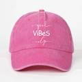 Detailed close-up of Good Vibes Only embroidery on washed cotton baseball cap - One Size / Rose Red