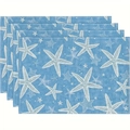 Close-up of blue placemats with white starfish print in a durable woven fabric texture - Blue Starfish