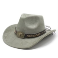 Detail of grey suede cowboy hat featuring brown braided band and bull skull buckle - M (56-59cm) / Army Green
