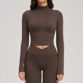 Conjunto de yoga marrón chocolate con chaqueta con cremallera y leggings de tiro alto - S / café