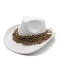 Detail of white felt fedora featuring brown fringe trim, metal chain, and woven band - M (56-58cm) / White