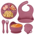 6-piece dusty pink silicone baby feeding set with suction plate, bowl, bib and cup - 6-Piece Set with Full Silicone Cutlery / Brick Red