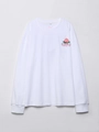 Detail view of a white long-sleeve cotton T-shirt with peach and text graphic print - S / White