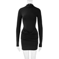 Detail view of the elegant ruched texture and slim fit design on this black mini dress - S / Black