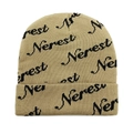 Close-up of khaki jacquard knit beanie featuring black letter patterns and folded cuff - M(54-60cm) / Khaki