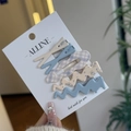 Close-up of 5-piece blue and beige hair clip set with bow and wavy patterns - Cream Blue - Blue Grid Floral Wave Duck Clip
