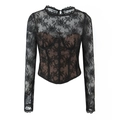Top in pizzo nero a maniche lunghe con stecche stile corsetto e ricamo floreale - XS / Nero