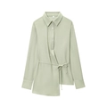 Camisa de lino verde claro para mujer con manga larga y dobladillo asimétrico con lazo - XS / verde claro