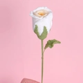 Handcrafted white and yellow crocheted rose flower with green leaves on pink background - White with Yellow Gradient