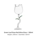 Close-up of rose-shaped wine glass with green leaf accents and size specifications - 280ml Green Leaf Transparent Cup