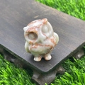 3.5cm natural white stone owl figurine with reddish-brown veins on wooden base - Red Grid Jasper