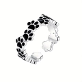 Cute adjustable cat paw print ring in silver metal with black drip oil finish - US 7 / White Gold