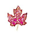 Golden maple leaf brooch with pink rhinestones and red enamel edges on white background - Pink (YNCP6406)
