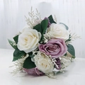 Artificial bridal bouquet with white and dusty purple roses and green foliage - Champagne Purple